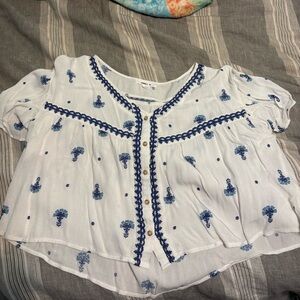 O'Neill White and Blue Embroidered Blouse